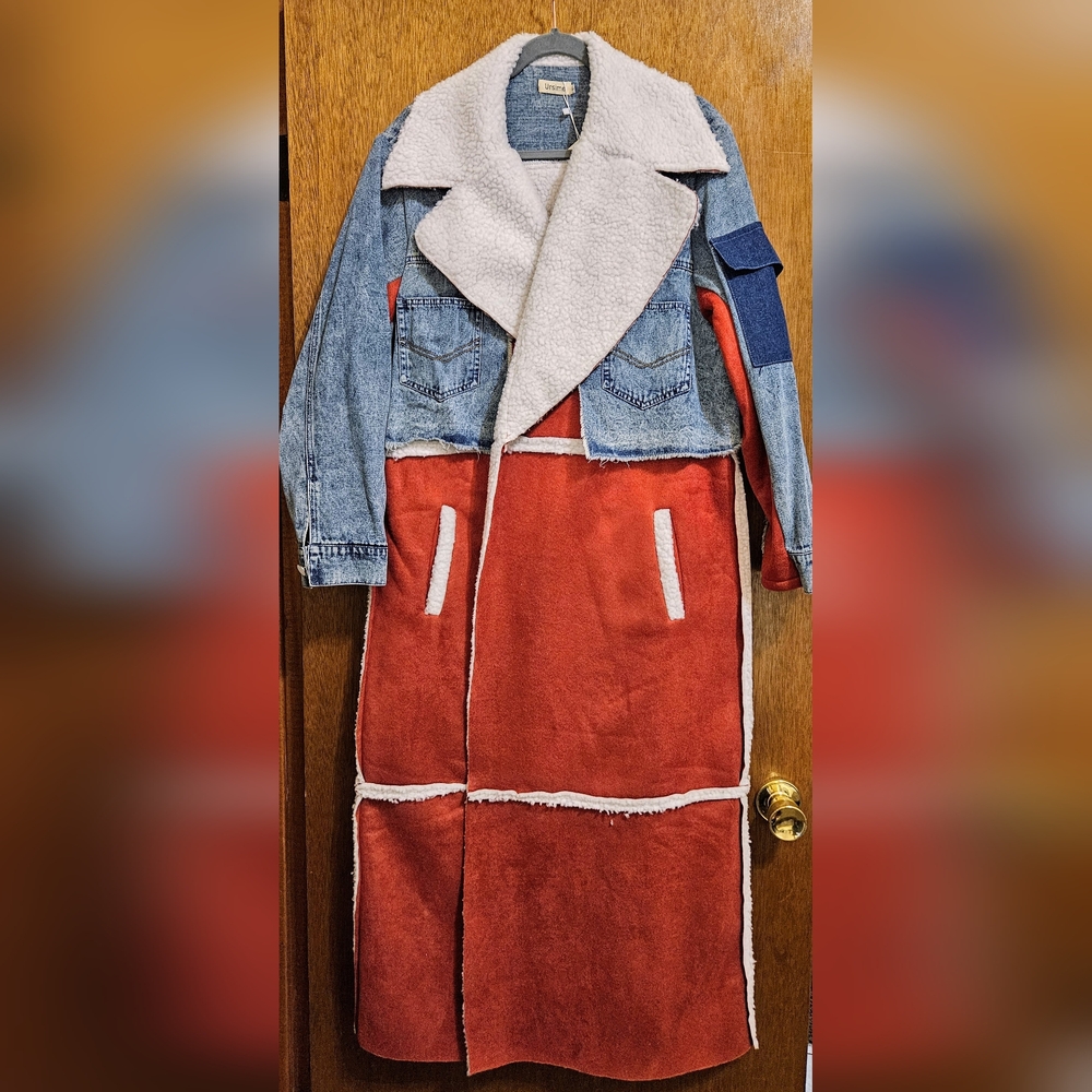 Cranberry Women's Denim Patchwork Long Coat - Synthetic Cotton, Polyester